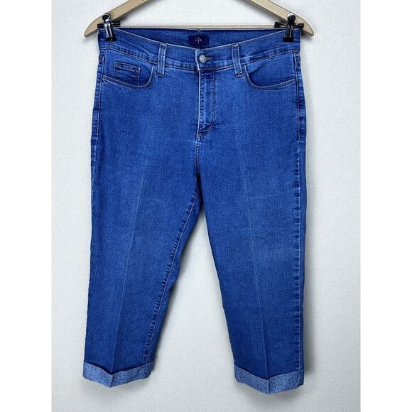 NYDJ Jeans Womens Size 12 Blue Cropped Bedazzled Cuffed Stretch - Picture 1 of 15